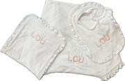 Heirloom Quality Baby Girl Set in Adorable Ruffle Design. Blanket, Bib and Burp Cloth! - Cozy Gift
