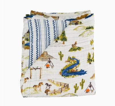 Huge Western Theme Baby Blanket in Our Thickest, Softest Material. Four Layers of 100% Muslin Cotton! - Cozy Gift