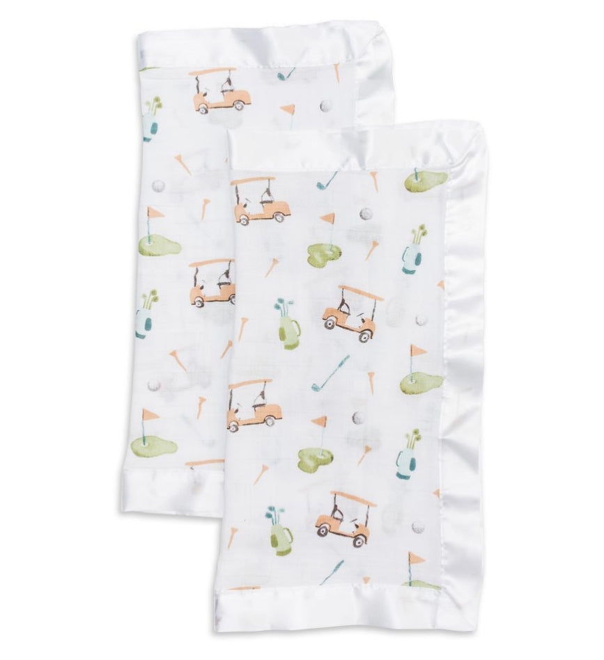 Two Golf Themed Security Blankets, Soft and Cuddly In Cotton Muslin - Cozy Gift