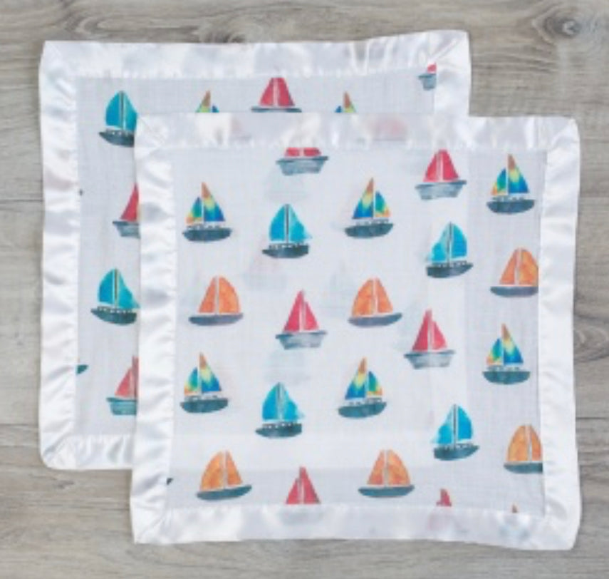 Two Sailboat Security Blankets, Soft and Cuddly In Cotton Muslin - Cozy Gift