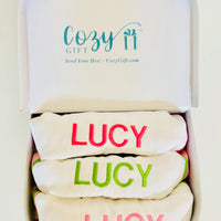 Lamb Gift Set. A client favorite and best seller! Baby towel hoodie, baby booties & burp cloth. - Cozy Gift