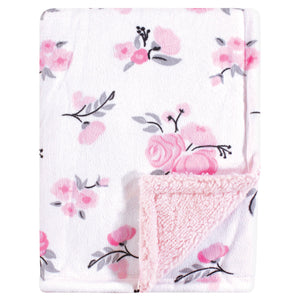 Baby Blanket in Pretty Grey and Pink Flowers,With a Double Layer of Softness - Cozy Gift