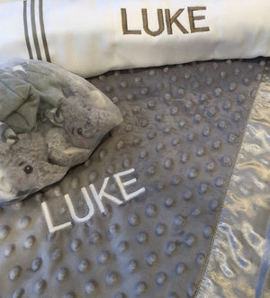 Grey Chenille Blanket Gift Set. Blanket, Booties & Burp Cloth. - Cozy Gift