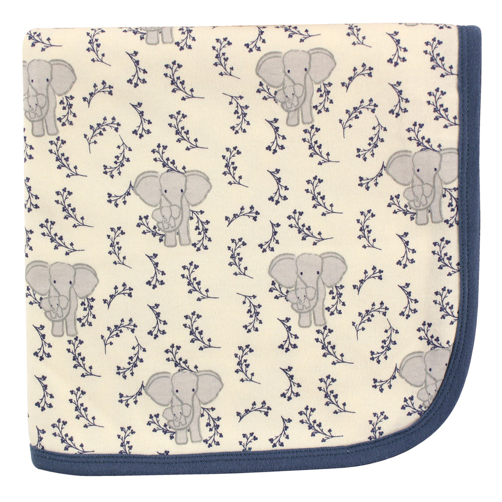 Baby Organic Receiving-Swaddle Blanket in Super Cute Elephant Theme with Navy Trim - Cozy Gift